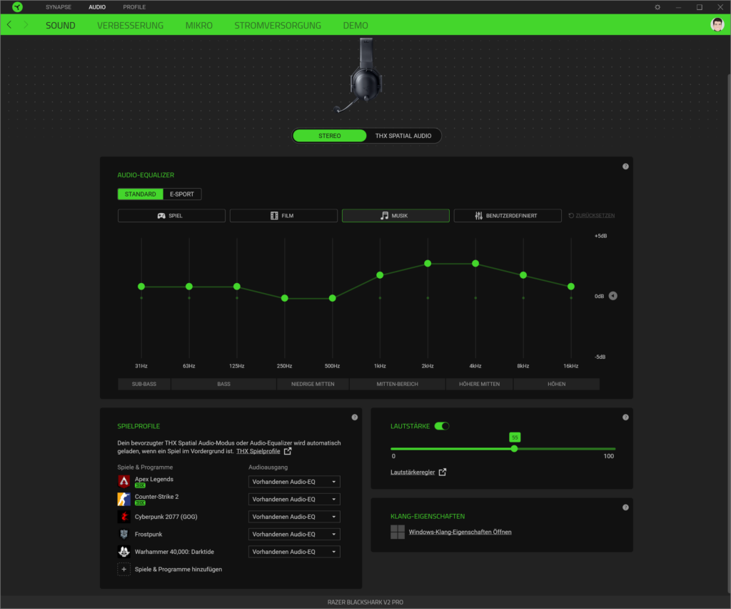 Razer BlackShark V2 Pro Stereo Musik Preset